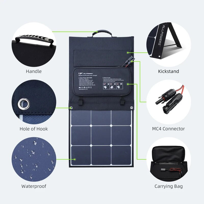ALLPOWERS-Panneau Solaire Flexible et Pliable, 200W, Kit de Panneaux Solaires à Haute Efficacité, Chargeur de Batterie pour Camping, Bateau, Montres