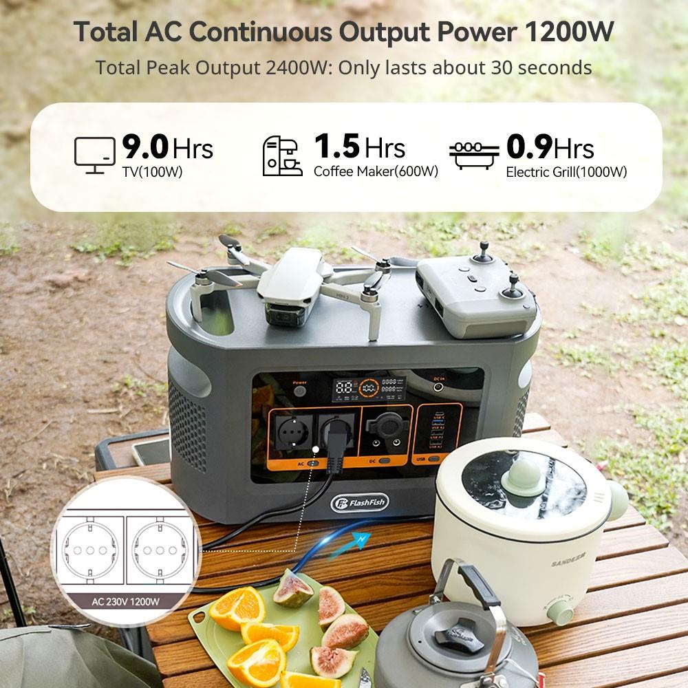 Flashfish QE02D Centrale électrique portable , batterie LiFePO4 22,4 V/45 Ah 1008 Wh, sortie CA 1200 W, affichage LED, onde sinusoïdale pure 230 V
