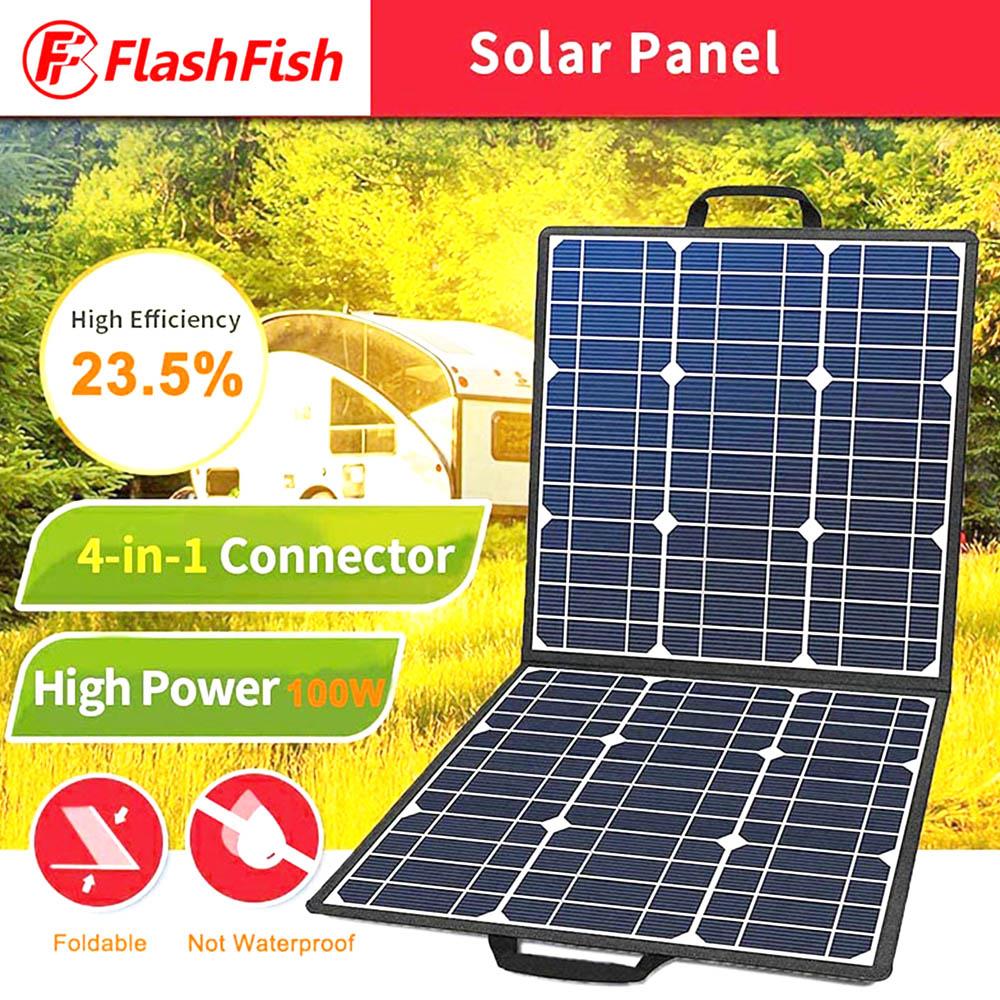 Flashfish SP18V 100W Panneau Solaire Portable Connecteur 4-en-1 Double Sorties USB Portable et Pliable Compatible avec la Plupart des Centrales électriques pour Camping