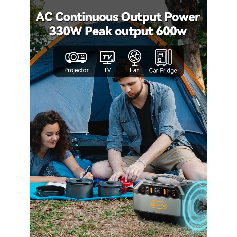 Flashfish P56 , générateur solaire avec batterie 288,6 Wh/78 000 mAh, sortie AC 330 W, sortie de crête 600 W, onde sinusoïdale pure 230 V, 9 prises, affichage LED