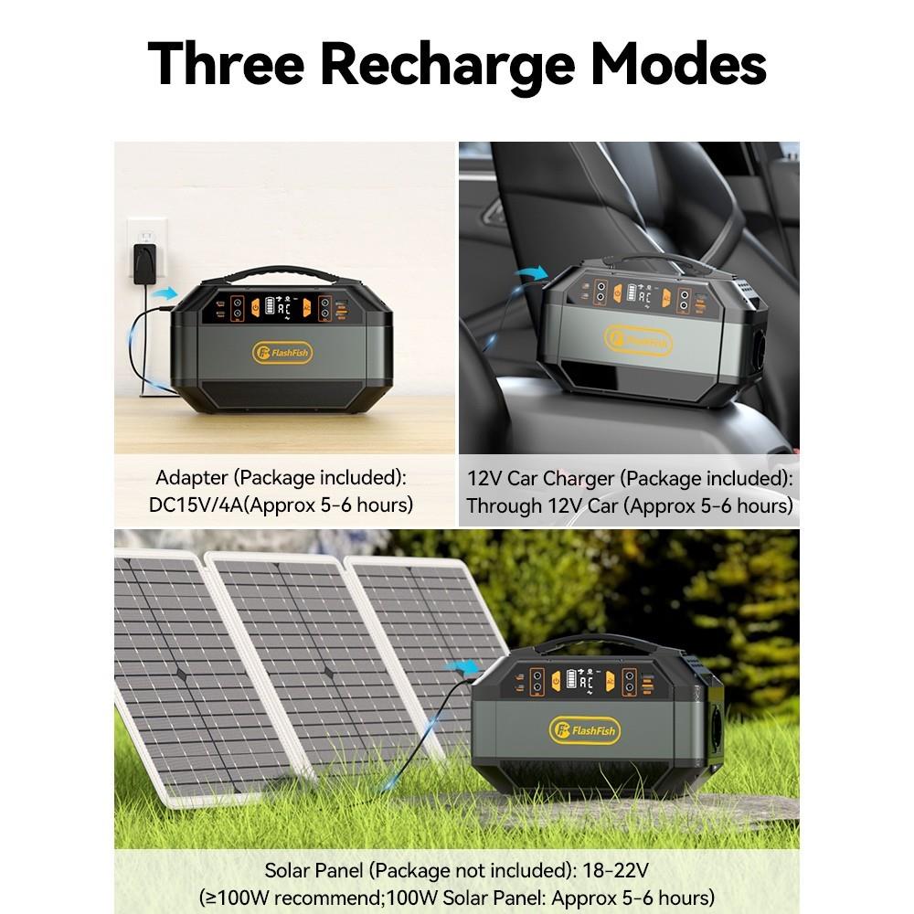 Flashfish P56 , générateur solaire avec batterie 288,6 Wh/78 000 mAh, sortie AC 330 W, sortie de crête 600 W, onde sinusoïdale pure 230 V, 9 prises, affichage LED