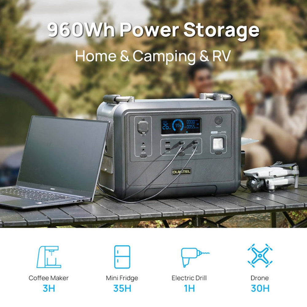 Centrale électrique portable OUKITEL P1201E, générateur solaire LiFePo4 960 Wh, sortie CA 1 200 W, surtension 2 400 W, recharge complète en 1,5 heure, 11 sorties, lumière LED