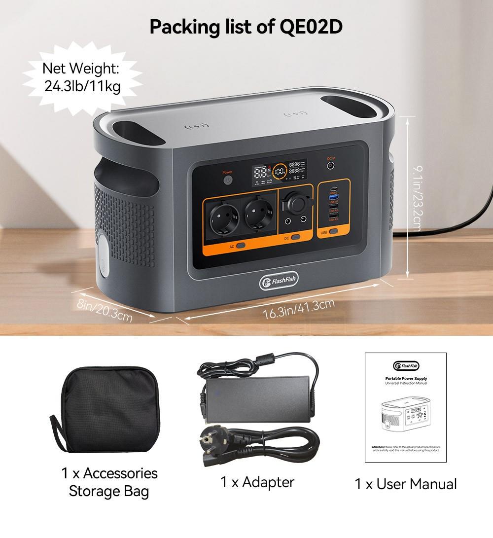 Flashfish QE02D Centrale électrique portable , batterie LiFePO4 22,4 V/45 Ah 1008 Wh, sortie CA 1200 W, affichage LED, onde sinusoïdale pure 230 V