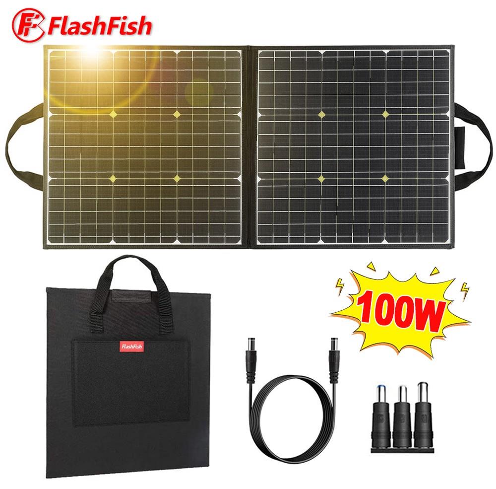 Flashfish SP18V 100W Panneau Solaire Portable Connecteur 4-en-1 Double Sorties USB Portable et Pliable Compatible avec la Plupart des Centrales électriques pour Camping