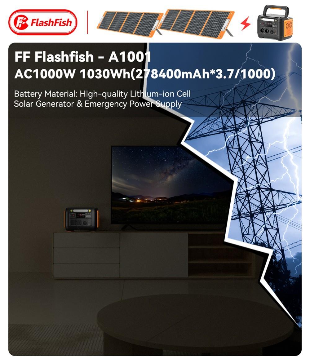 Flashfish A1001 Centrale électrique portable 1000 W, générateur solaire 1030 Wh/278 400 mAh, ports AC à onde sinusoïdale pure, 7 sorties, lumières LED