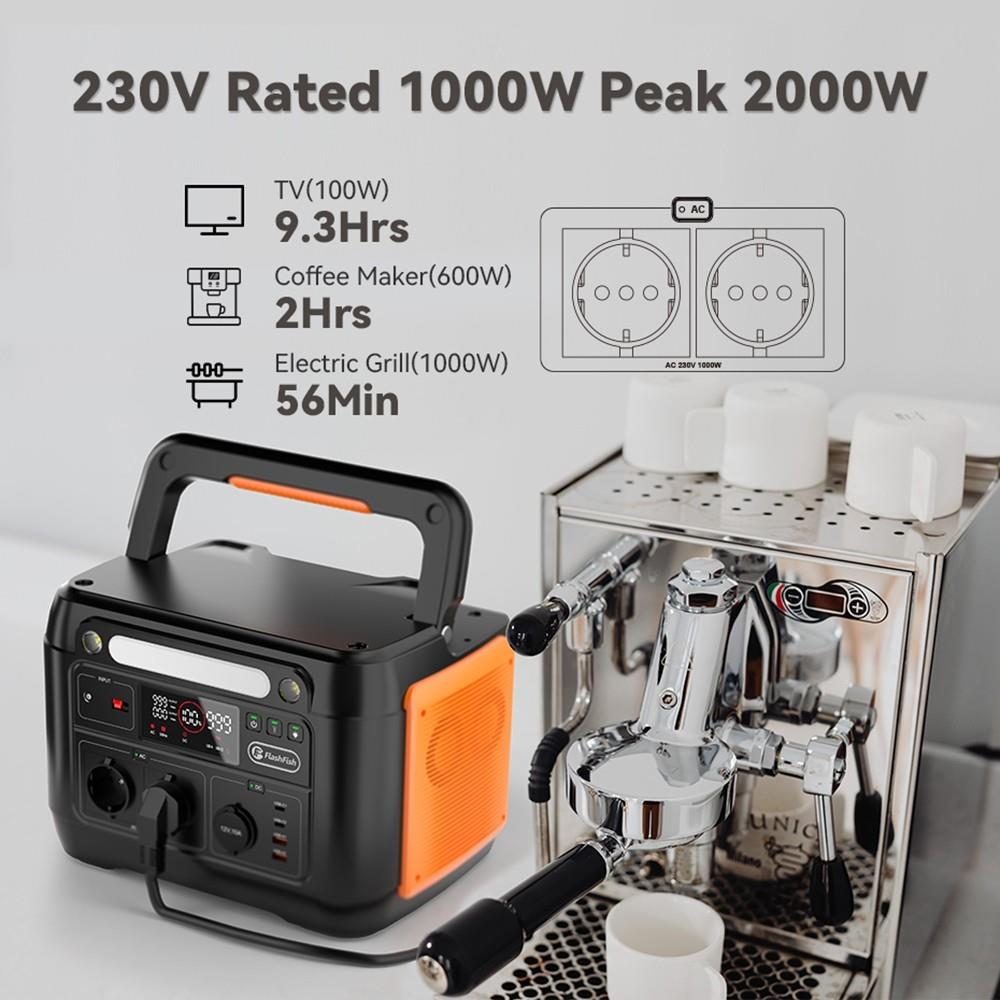 Flashfish A1001 Centrale électrique portable 1000 W, générateur solaire 1030 Wh/278 400 mAh, ports AC à onde sinusoïdale pure, 7 sorties, lumières LED