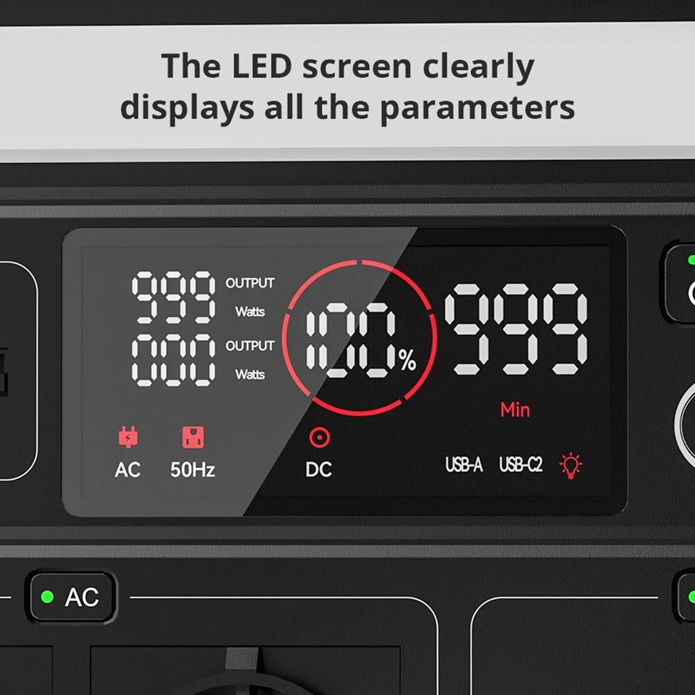 Flashfish A1001 Centrale électrique portable 1000 W, générateur solaire 1030 Wh/278 400 mAh, ports AC à onde sinusoïdale pure, 7 sorties, lumières LED
