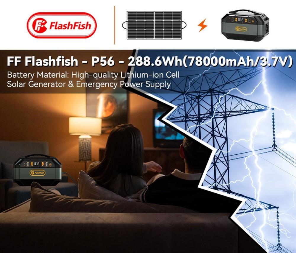 Flashfish P56 , générateur solaire avec batterie 288,6 Wh/78 000 mAh, sortie AC 330 W, sortie de crête 600 W, onde sinusoïdale pure 230 V, 9 prises, affichage LED
