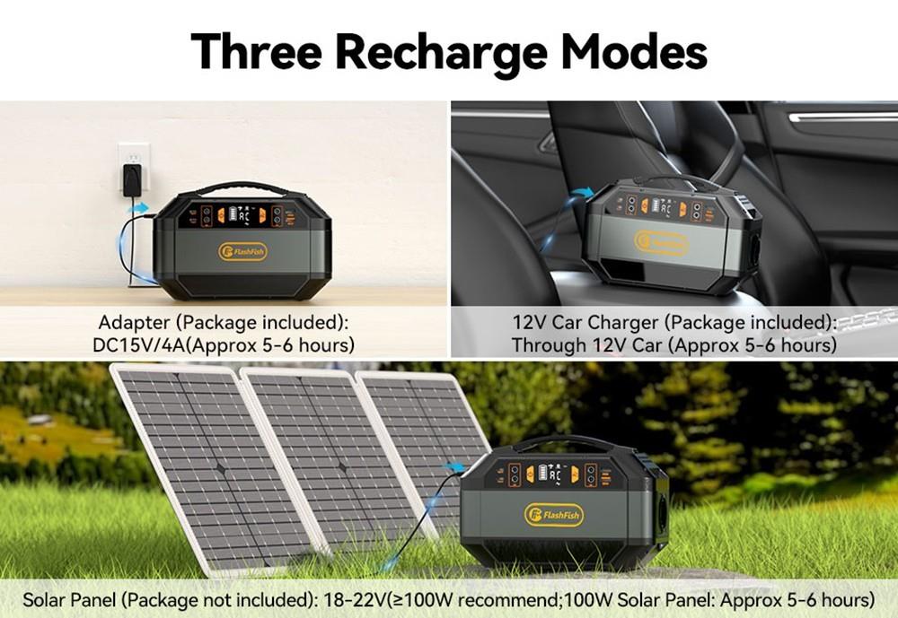 Flashfish P56 , générateur solaire avec batterie 288,6 Wh/78 000 mAh, sortie AC 330 W, sortie de crête 600 W, onde sinusoïdale pure 230 V, 9 prises, affichage LED