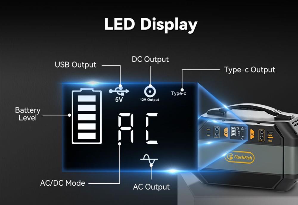 Flashfish P56 , générateur solaire avec batterie 288,6 Wh/78 000 mAh, sortie AC 330 W, sortie de crête 600 W, onde sinusoïdale pure 230 V, 9 prises, affichage LED