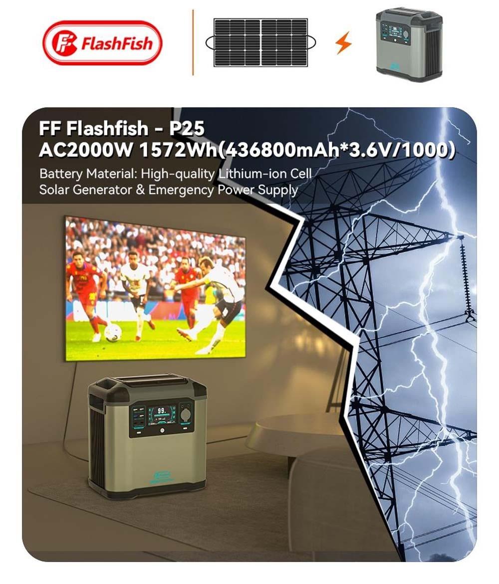 Flashfish P25 Centrale électrique portable, générateur solaire à cellules lithium-ion 1572 Wh/436 800 mAh, sortie CA 2000 W, surtension 4000 W, 11 sorties, lumières LED