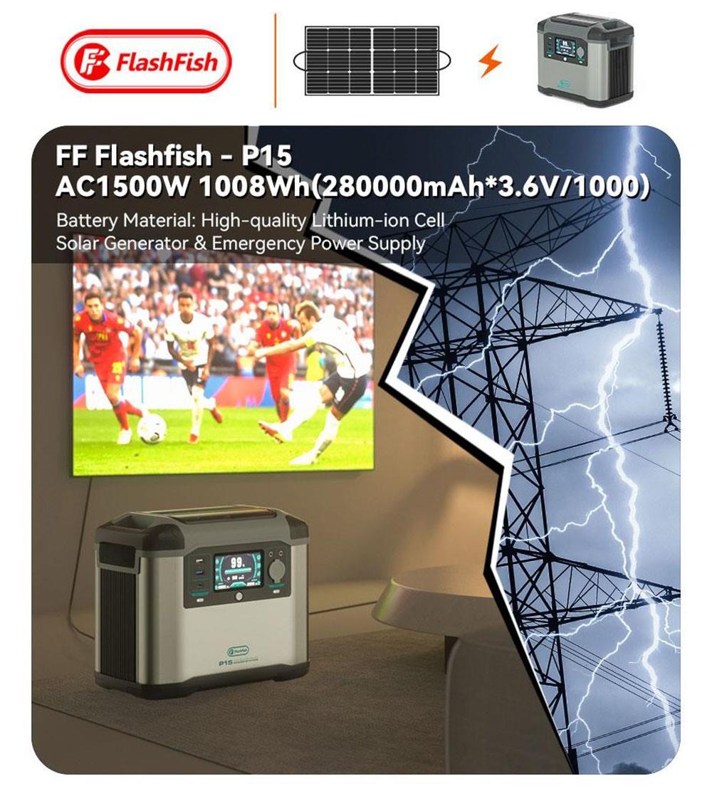 Flashfish P15 Centrale électrique portable, générateur solaire à cellules lithium-ion 1008 Wh/280 000 mAh, sortie CA 1500 W, surtension 2500 W, 8 sorties, lumières LED
