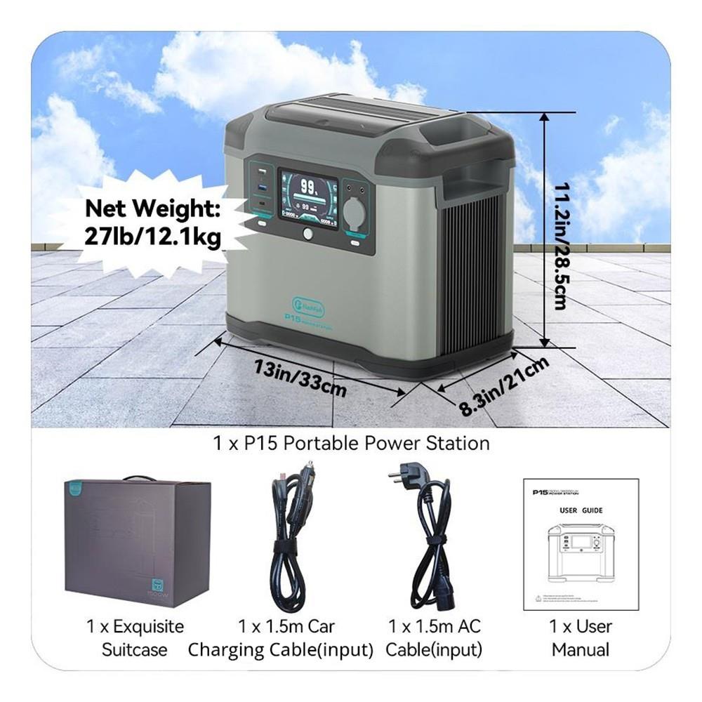 Flashfish P15 Centrale électrique portable, générateur solaire à cellules lithium-ion 1008 Wh/280 000 mAh, sortie CA 1500 W, surtension 2500 W, 8 sorties, lumières LED