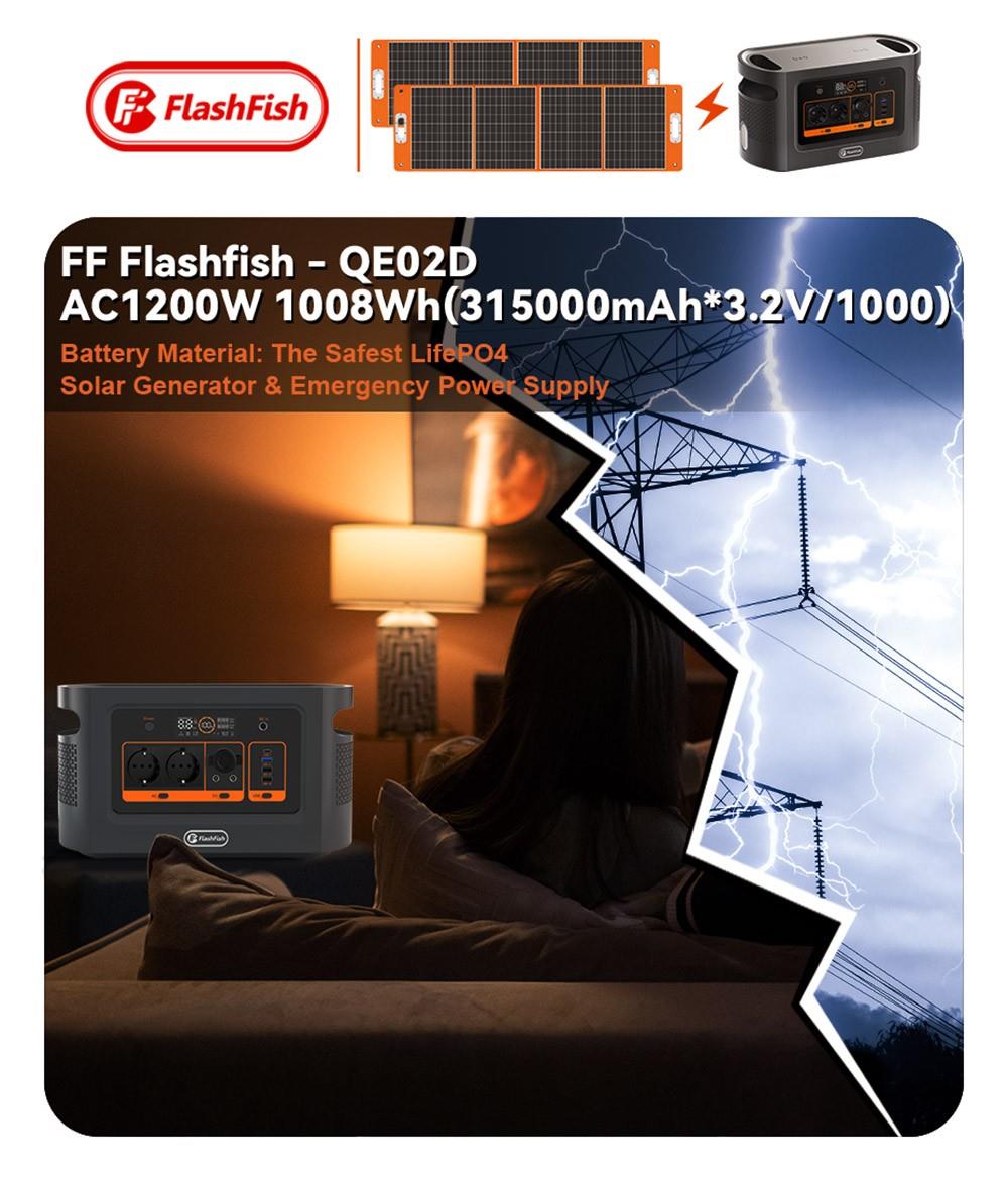 Flashfish QE02D Centrale électrique portable , batterie LiFePO4 22,4 V/45 Ah 1008 Wh, sortie CA 1200 W, affichage LED, onde sinusoïdale pure 230 V