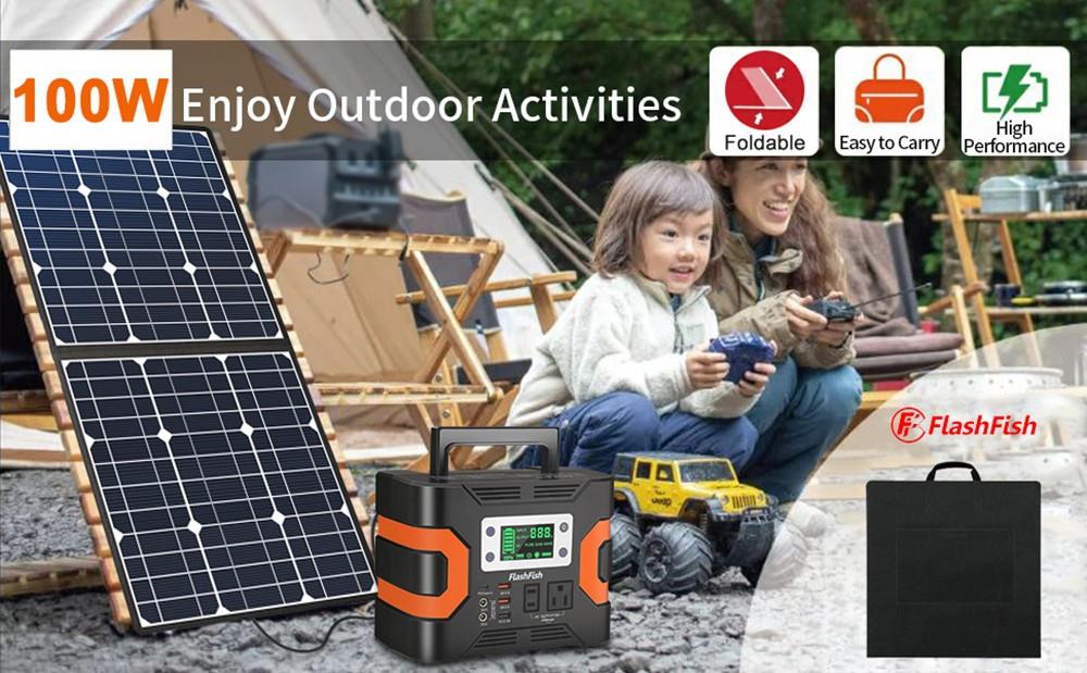 Flashfish SP18V 100W Panneau Solaire Portable Connecteur 4-en-1 Double Sorties USB Portable et Pliable Compatible avec la Plupart des Centrales électriques pour Camping