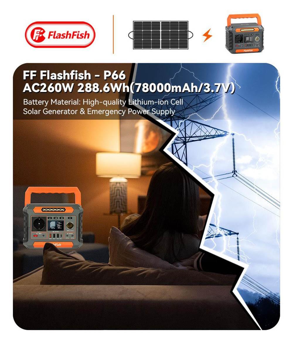 Flashfish P66 Centrale électrique portable, générateur solaire à cellules lithium-ion 288,6 Wh/78 000 mAh, sortie CA 260 W, surtension 520 W, chargeur sans fil 5 W, 8 sorties de charge, lumières LED